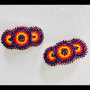 Artisan glass beaded & leather hair clips pair
